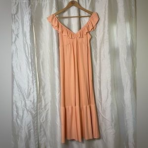 Coral Peach V-Neck Short Sleeve Ribbed Summer Babydoll Casual Boho Maxi Dress